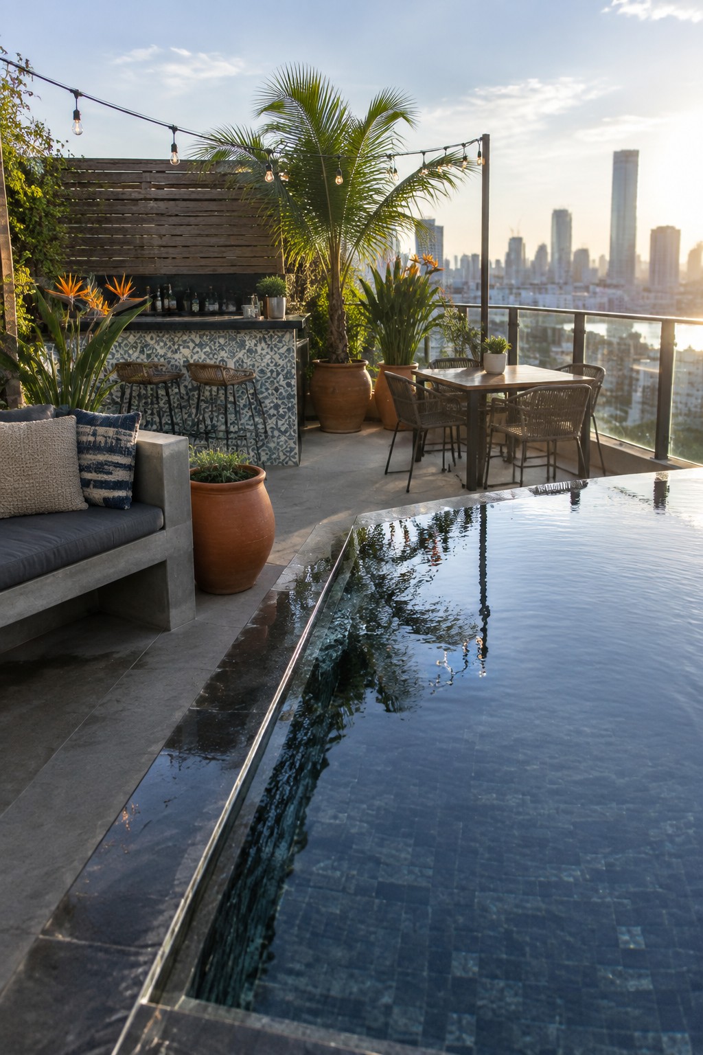 16 Tropical Infinity Pool Ideas With Lush Resort-Style Landscaping Rooftop terrace with infinity pool, dining area, bar, potted palms, and city skyline.