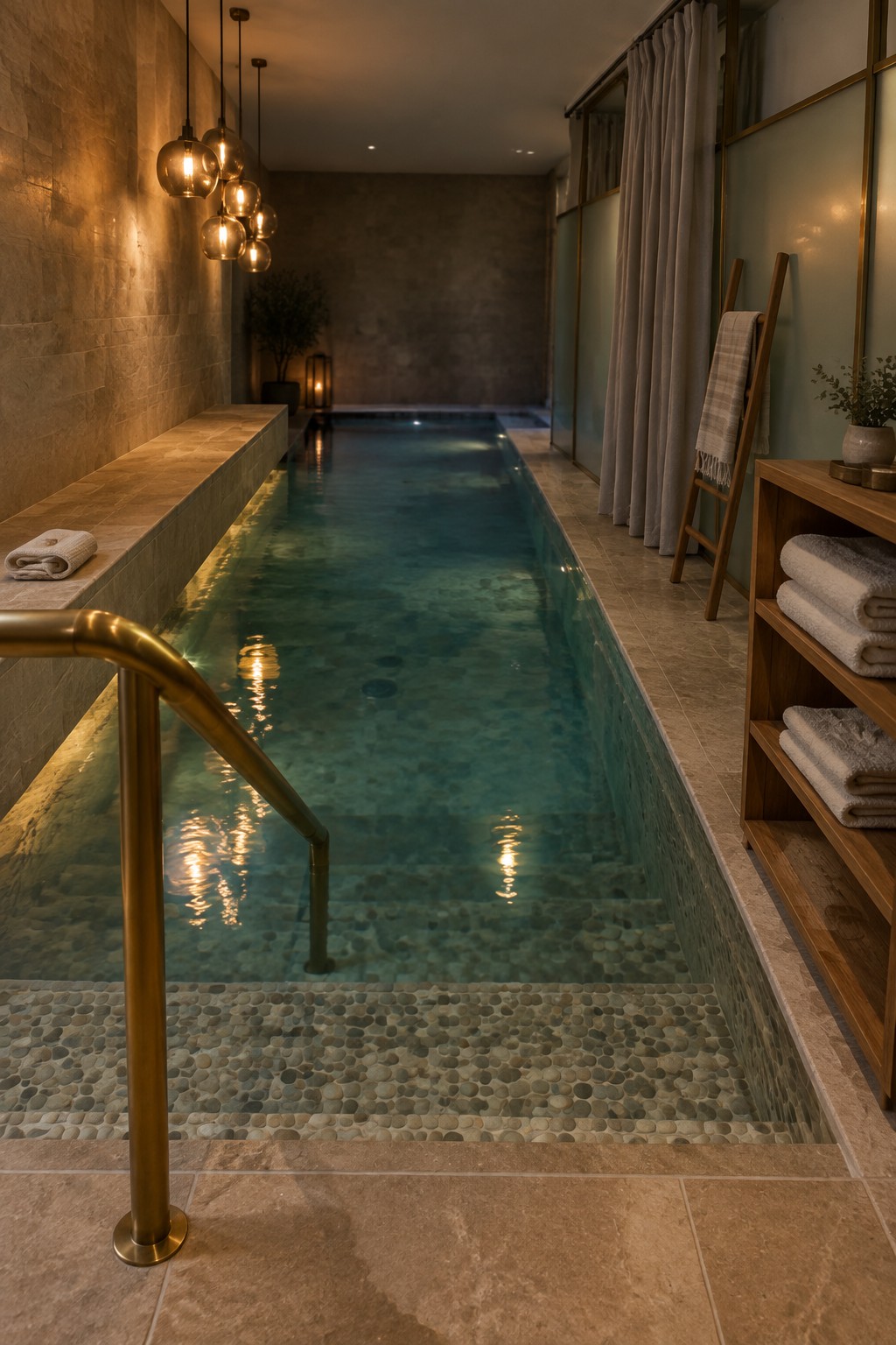 An indoor lap pool with teal water, a brass handrail at the steps, pebble mosaic flooring at the shallow end, and wooden shelving holding folded towels.