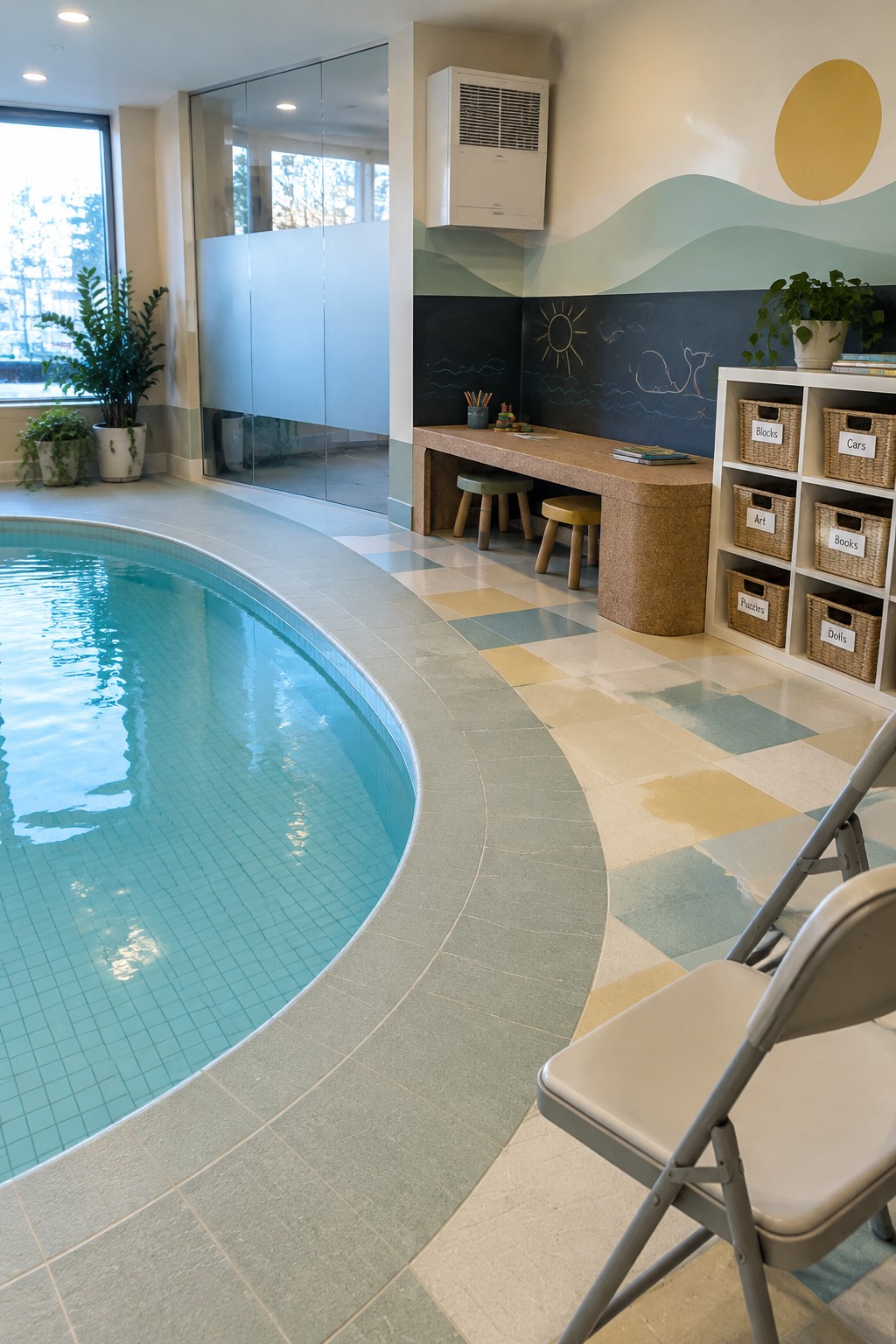 An indoor pool with a curved edge beside a children's activity area that includes a desk, stools, chalkboard wall, and white shelving with labeled storage baskets.