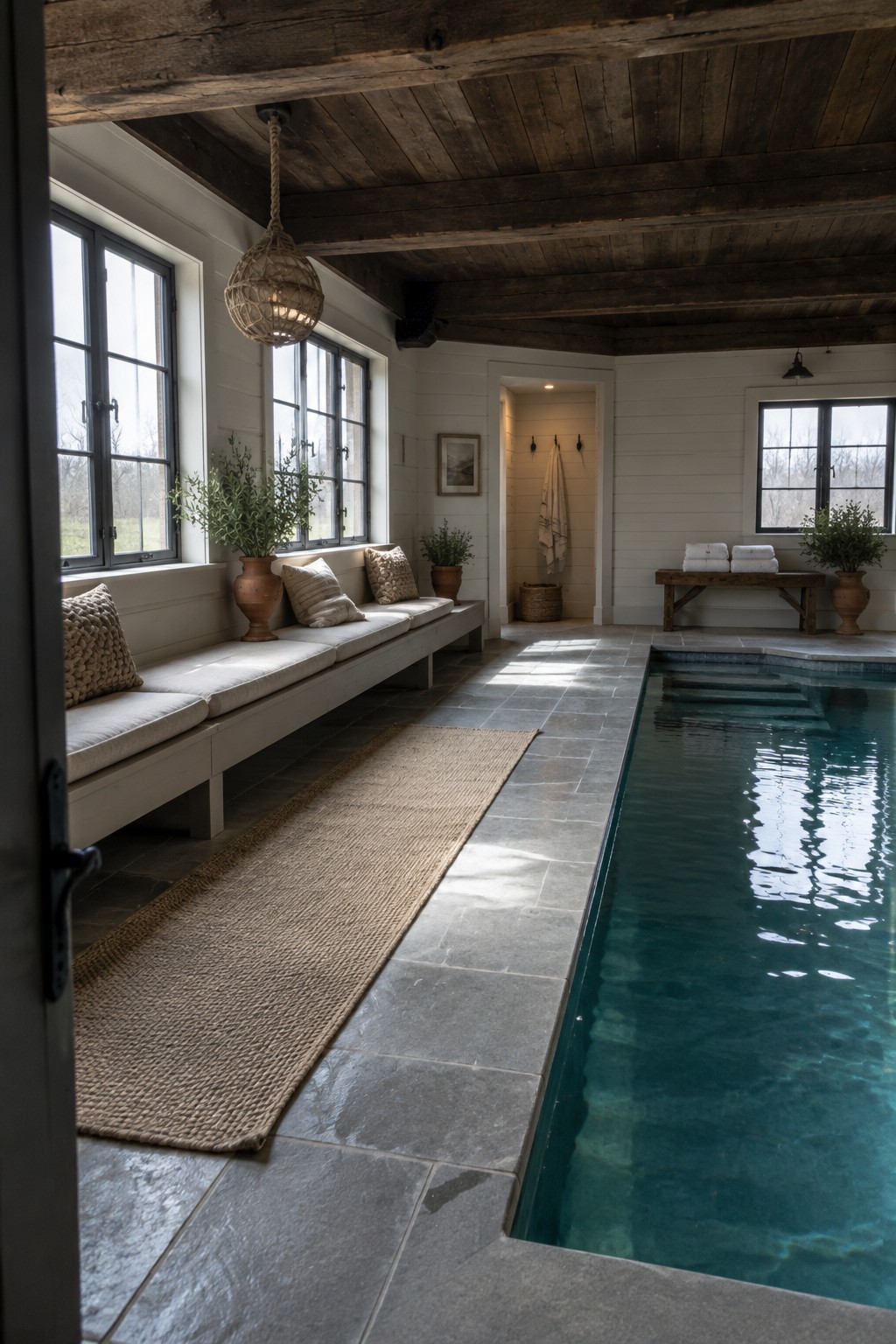An indoor pool room with a long built-in bench under the windows, stone floor, and exposed wood ceiling beams.