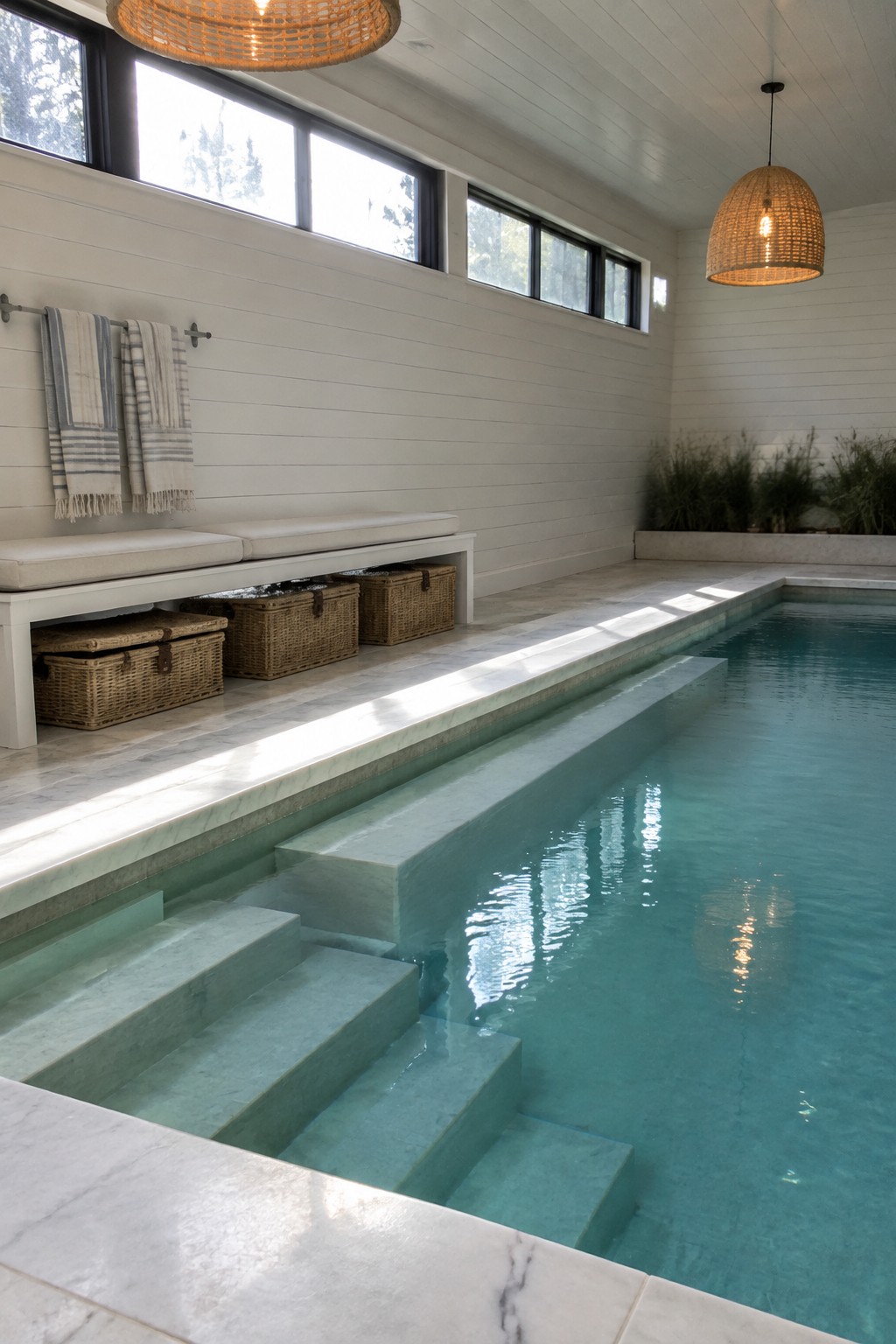 Indoor pool area with a long white bench holding multiple woven storage baskets underneath and wide marble steps descending into the water.