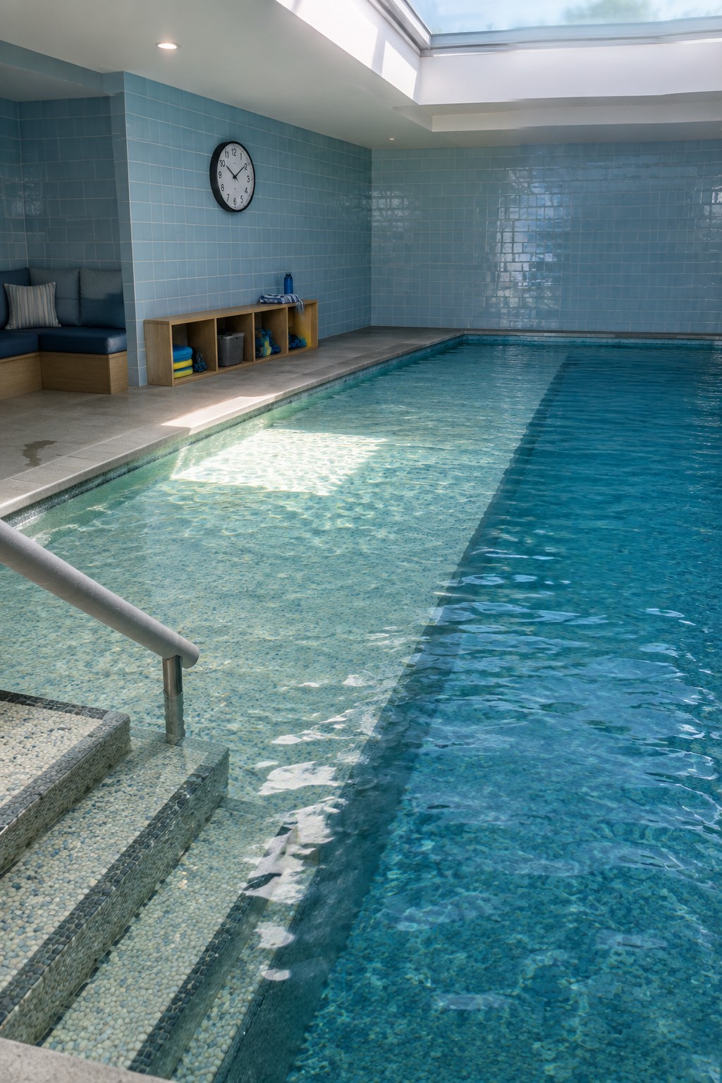 Indoor pool with light blue tiled walls, built-in bench seating with cushions, open storage cubbies, wall clock, and steps with handrail leading into the water.