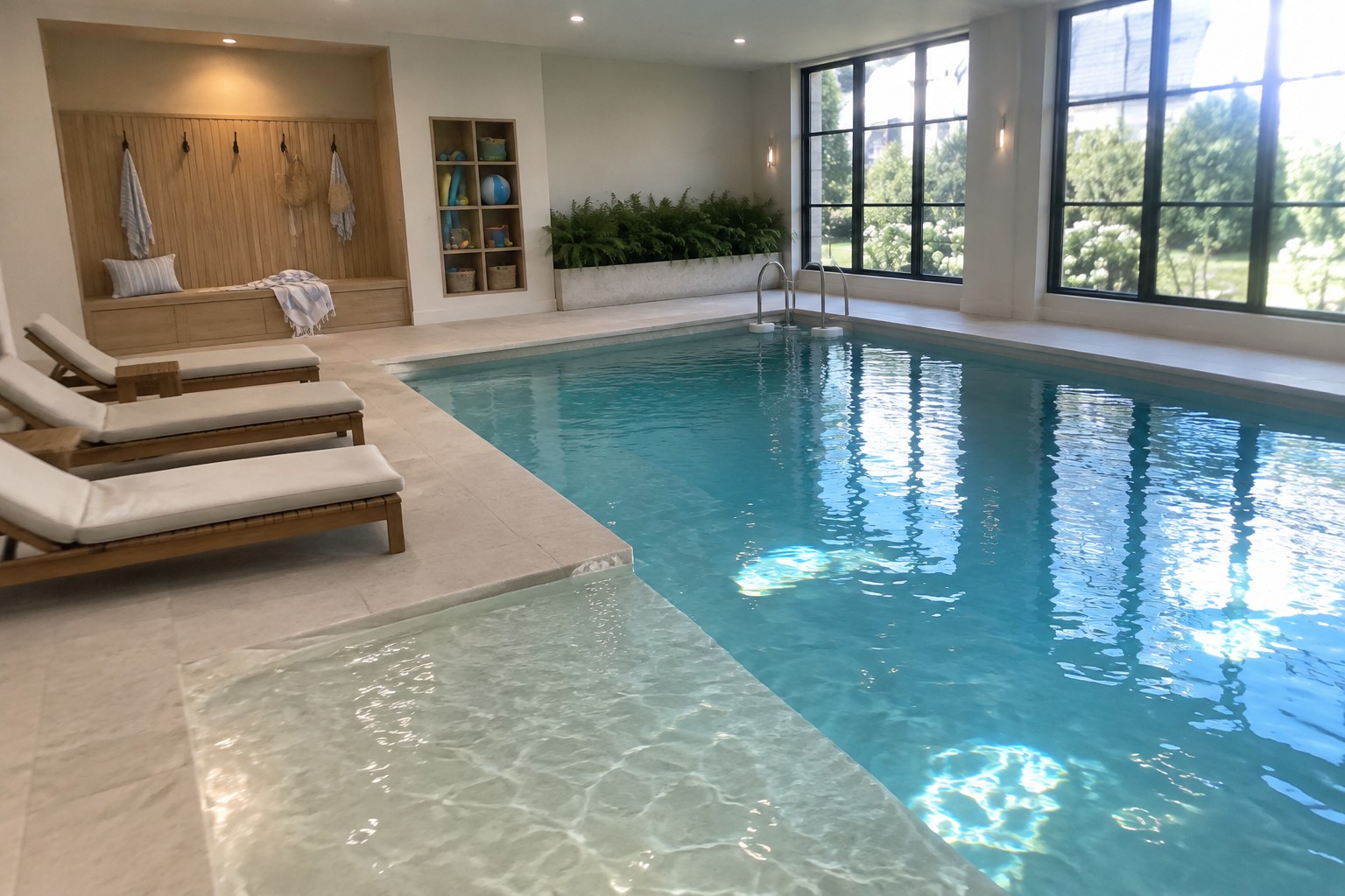 Indoor pool with stone deck, wooden lounge chairs, and a built-in wooden bench with hooks and cushions along the wall.