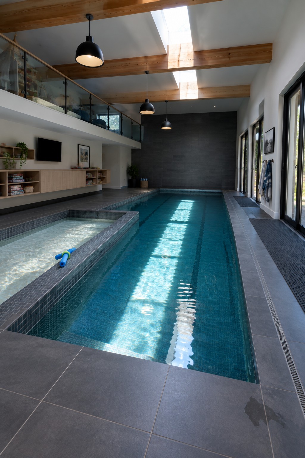 Indoor pool area showing a long lap pool connected to a smaller rectangular pool on the left, with gray tile flooring, wooden ceiling beams, and skylights overhead.