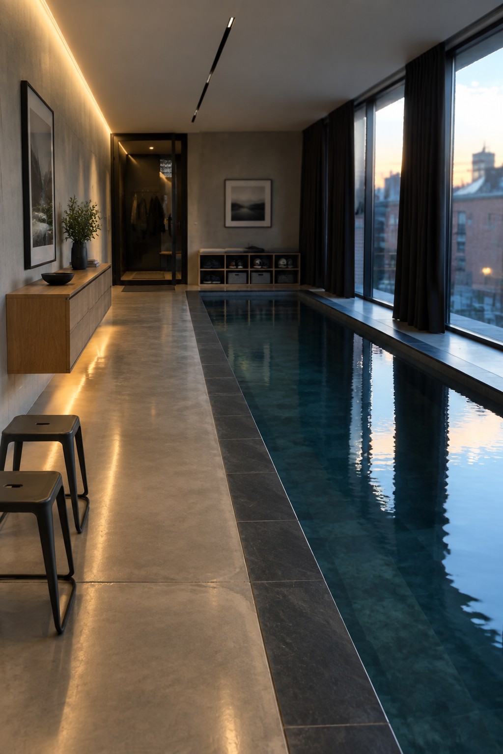 A long narrow indoor lap pool runs parallel to a concrete walkway with two black stools in a minimalist space with large windows.