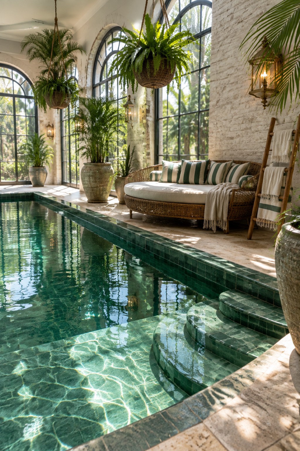 An indoor pool with green mosaic tiles has a wicker daybed with green striped cushions positioned on the stone deck beside curved steps into the water, with hanging ferns and large arched windows in the background.