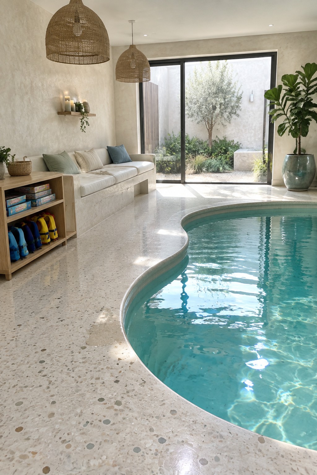 An indoor pool with a curved edge in a light-filled room, featuring terrazzo flooring, built-in seating, and a low wooden shelf storing life vests and games.