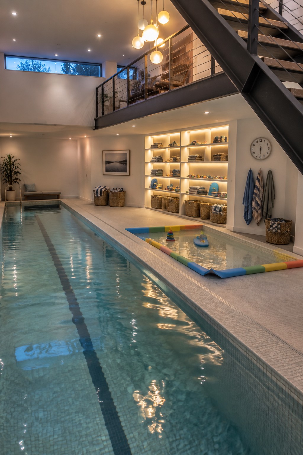 Indoor pool with a long lap lane and a colorful barrier creating a shallow play area with toys, plus built-in illuminated shelves along the wall.