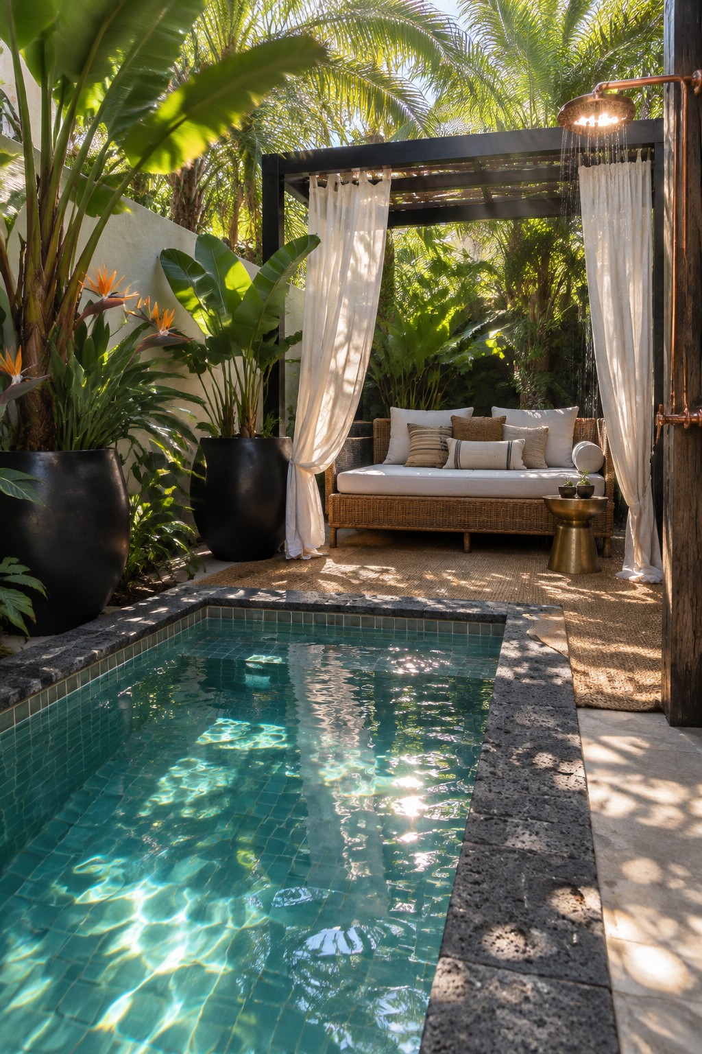 Sunlit plunge pool beside cushioned daybed under pergola with outdoor shower.