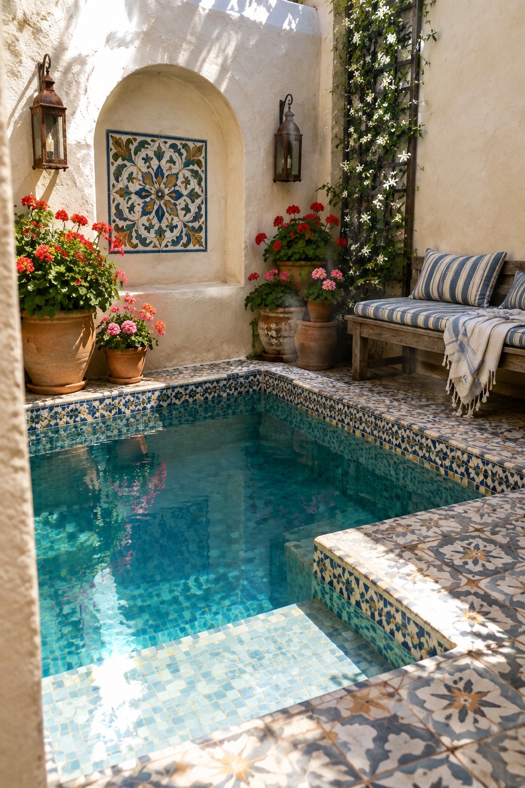 A small rectangular plunge pool with blue mosaic tiles and patterned ceramic steps sits in a sunny courtyard, surrounded by terracotta pots of red and pink flowers and a wooden bench with striped cushions.