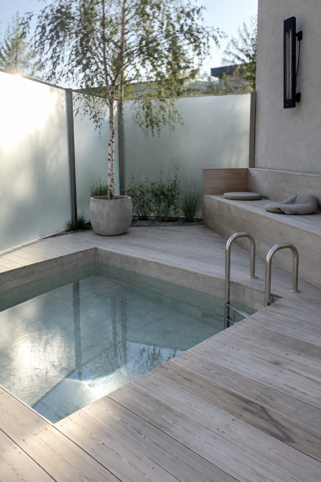 Modern plunge pool with light wood deck, glass panels, bench, and potted tree