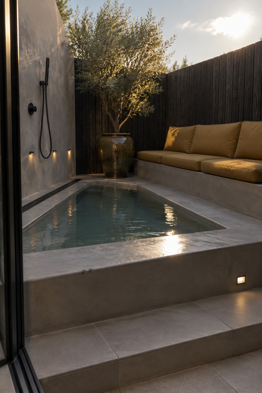A small rectangular plunge pool set in a concrete patio with built-in bench seating along one side, a large potted tree nearby, and a dark wood fence in the background.