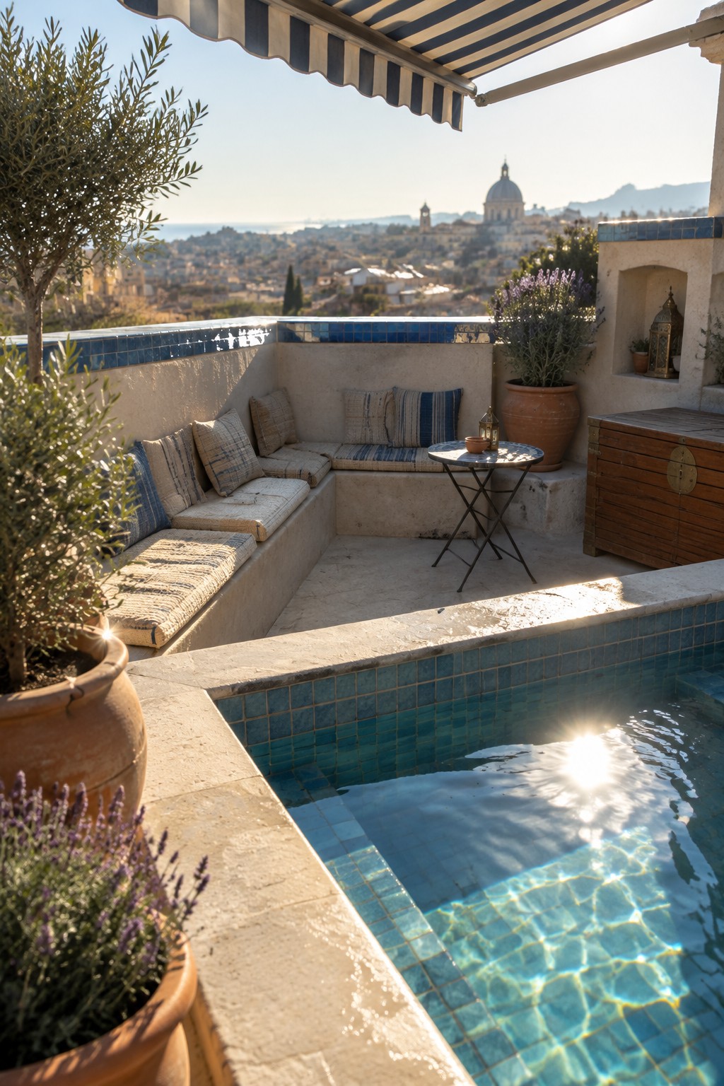 Rooftop terrace with blue-tiled pool, cushioned bench, potted plants, striped awning, overlooking town