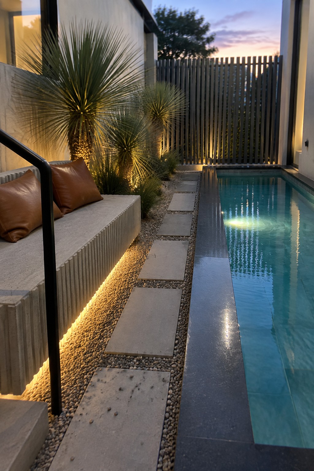 A narrow rectangular plunge pool with turquoise water runs beside a long concrete bench with brown cushions, set against tall spiky plants, gravel, and stepping stones at dusk.
