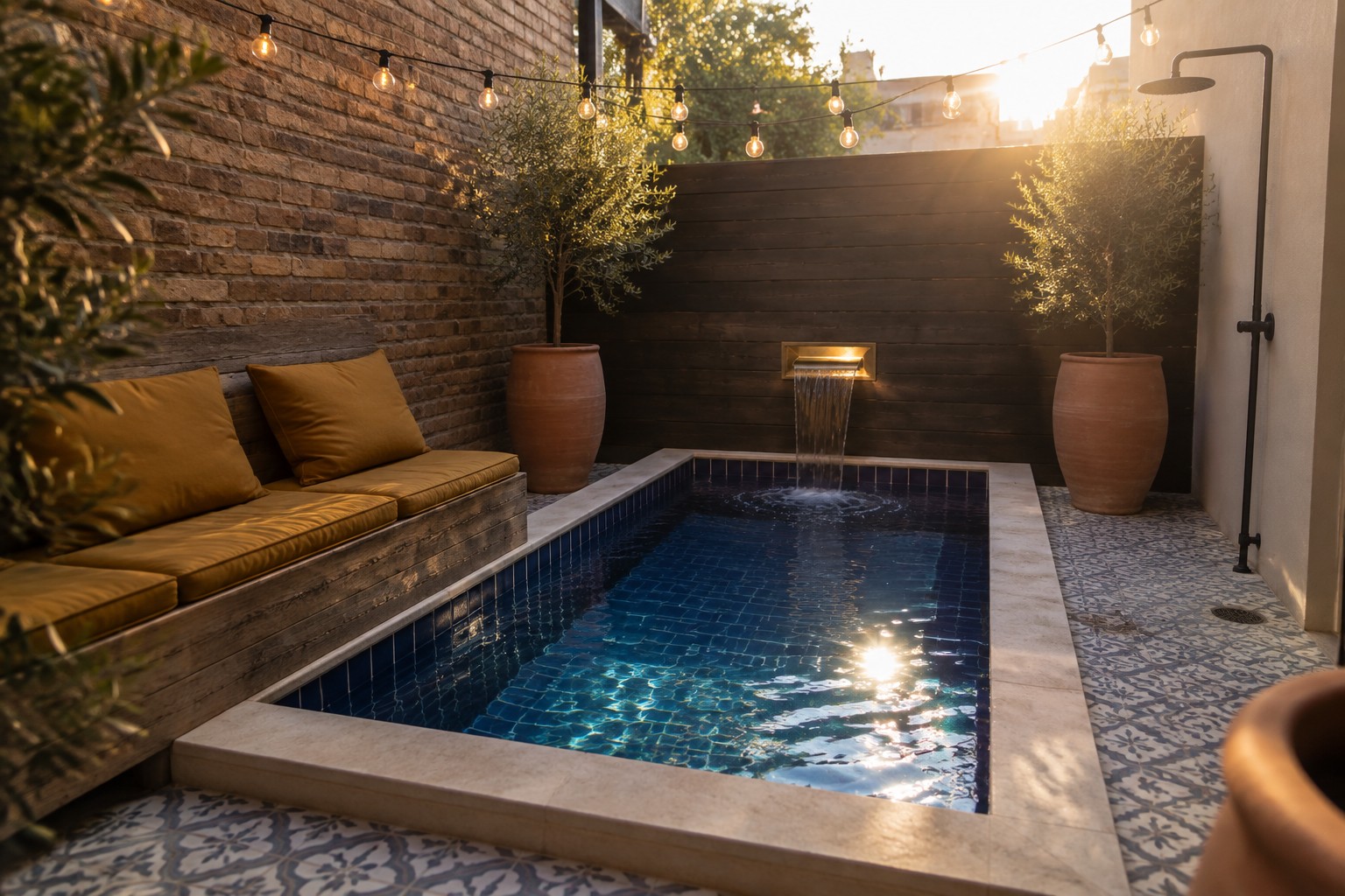 A small rectangular plunge pool with blue mosaic tiles and a brass wall spout pouring water, set in a brick courtyard with patterned tile flooring and potted trees.
