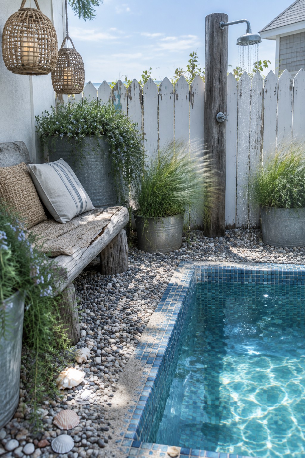 A small rectangular plunge pool with blue mosaic tiles sits in a gravel yard next to an outdoor shower on a wooden post, with potted plants, a white picket fence, and a rustic wooden bench with cushions.