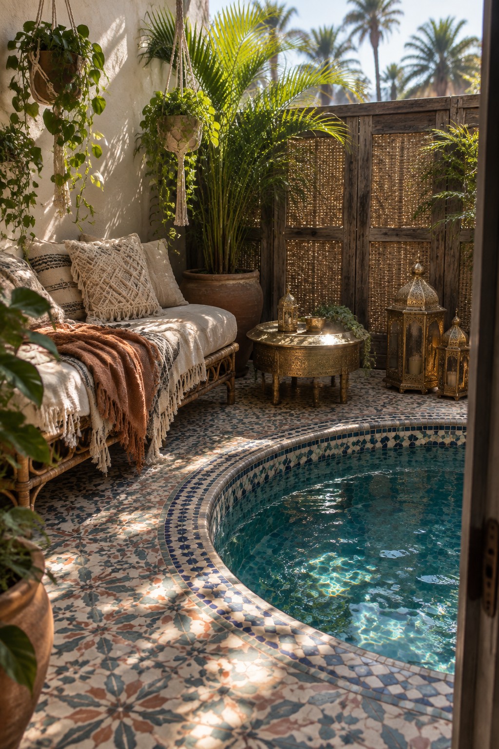A small round plunge pool with blue and white mosaic tiles sits in a patterned courtyard patio beside a rattan daybed and metal lanterns.