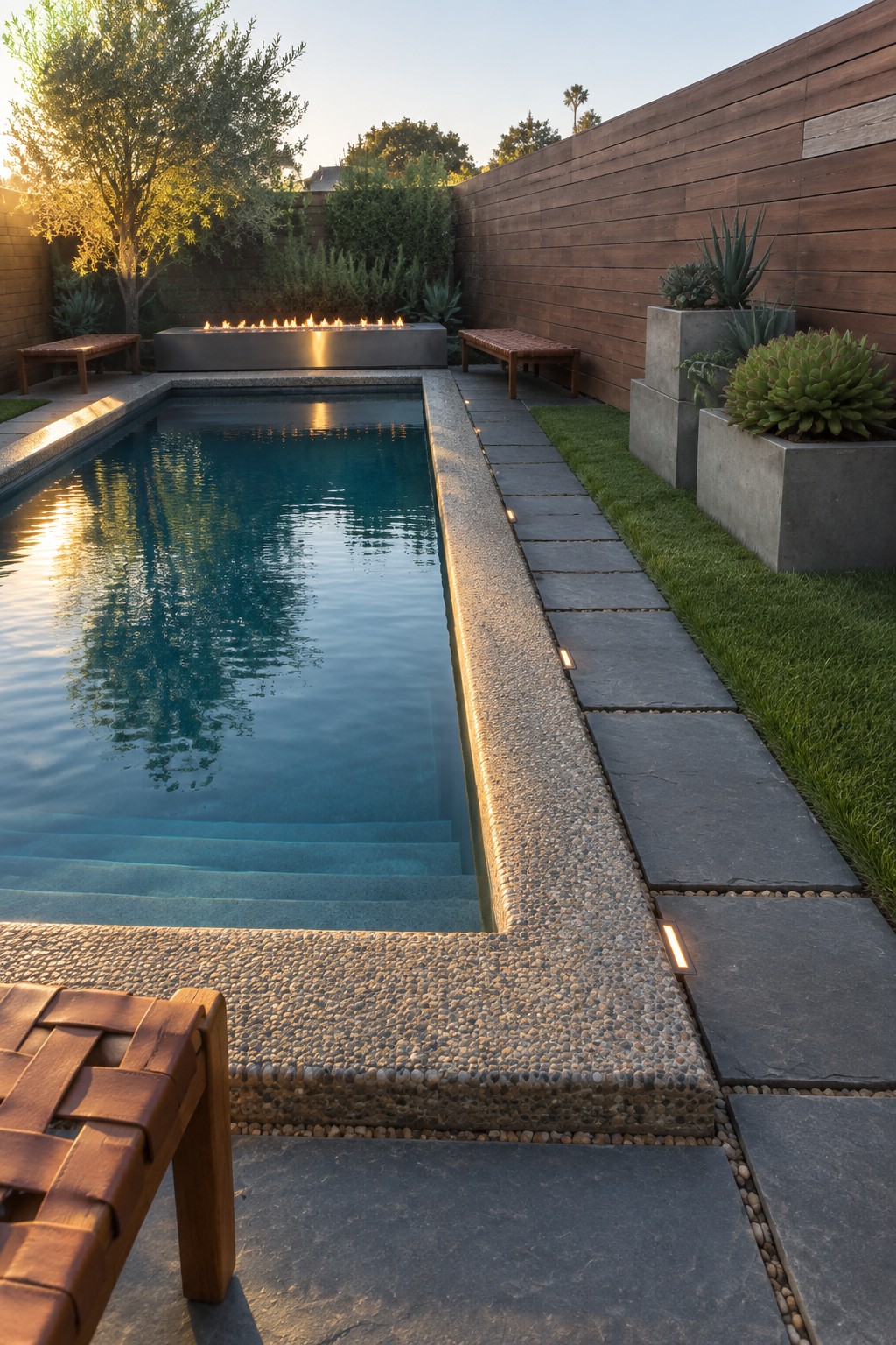 A long rectangular plunge pool with visible steps, surrounded by pebble concrete coping and dark stone pavers, with a linear fire feature at the far end and potted plants along a wooden wall.