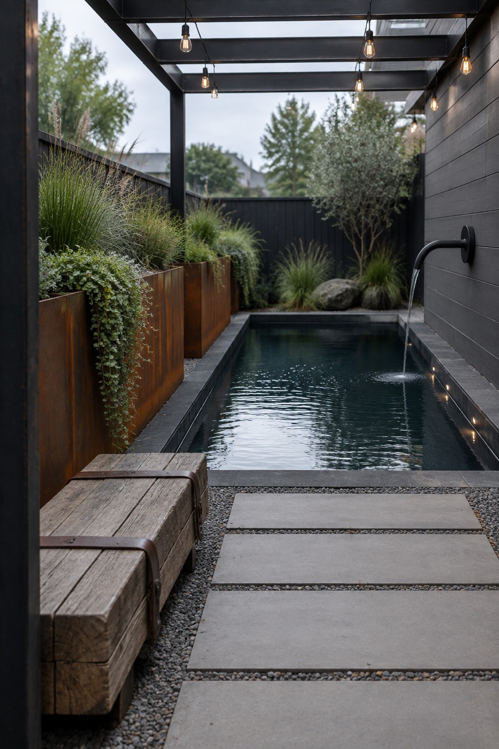 A narrow rectangular plunge pool in a dark fenced courtyard with concrete stepping stones, a wall-mounted water spout, rusted metal planters with greenery, and a wooden bench.