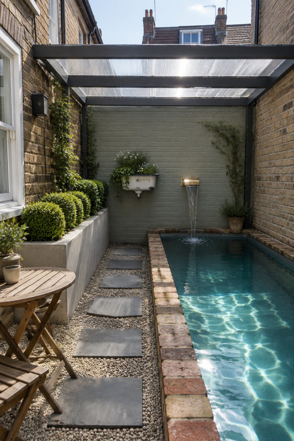 Narrow courtyard with rectangular pool, fountain, stepping stones and plants.