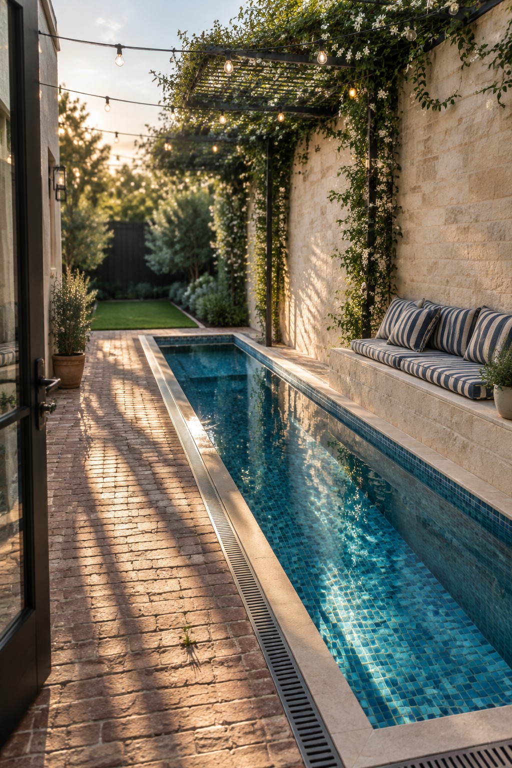 A long narrow plunge pool with blue mosaic tiles runs between a brick walkway and a stone bench with blue and white striped cushions, with vines climbing a stone wall beside it.
