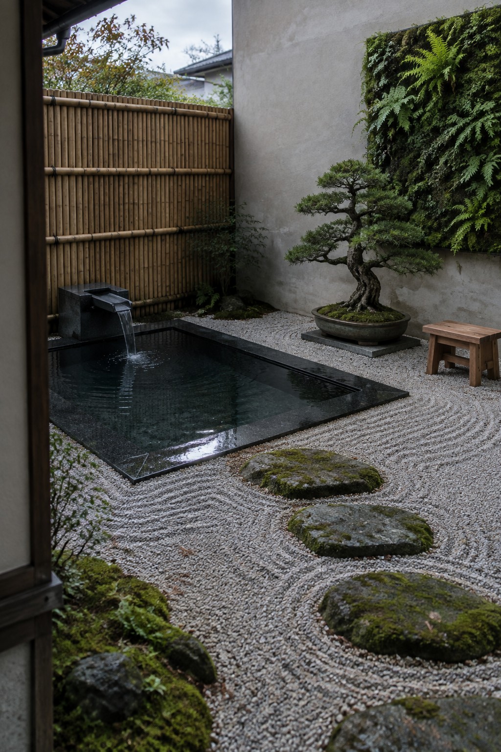 Japanese zen garden with dark stone pond, bonsai, bamboo fence and raked gravel path.