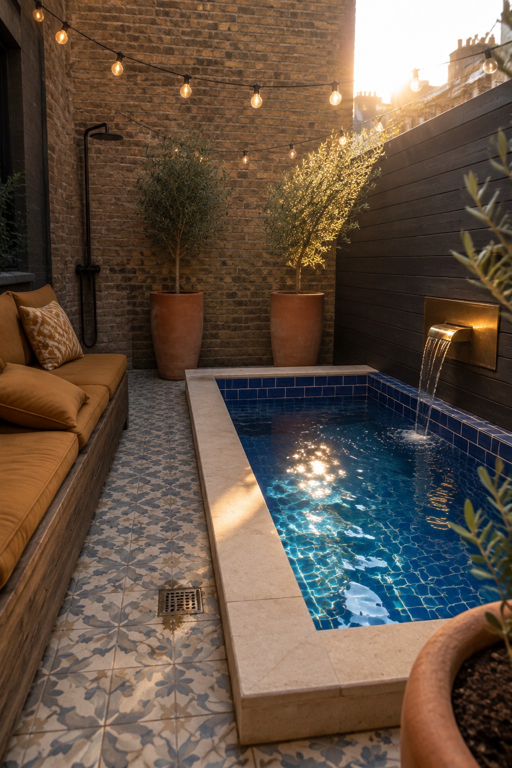A small rectangular plunge pool with blue mosaic tiles and a brass wall spout pouring water, set in a brick courtyard with patterned tile flooring and potted trees.
