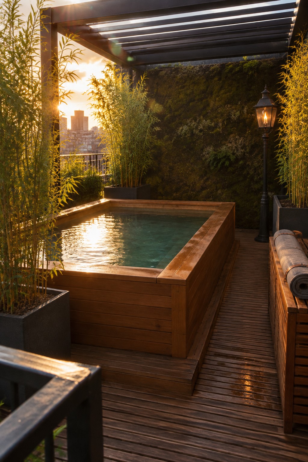 A square wooden plunge pool on a dark wood deck beside a moss wall with tall bamboo plants and a lit black lantern at sunset.
