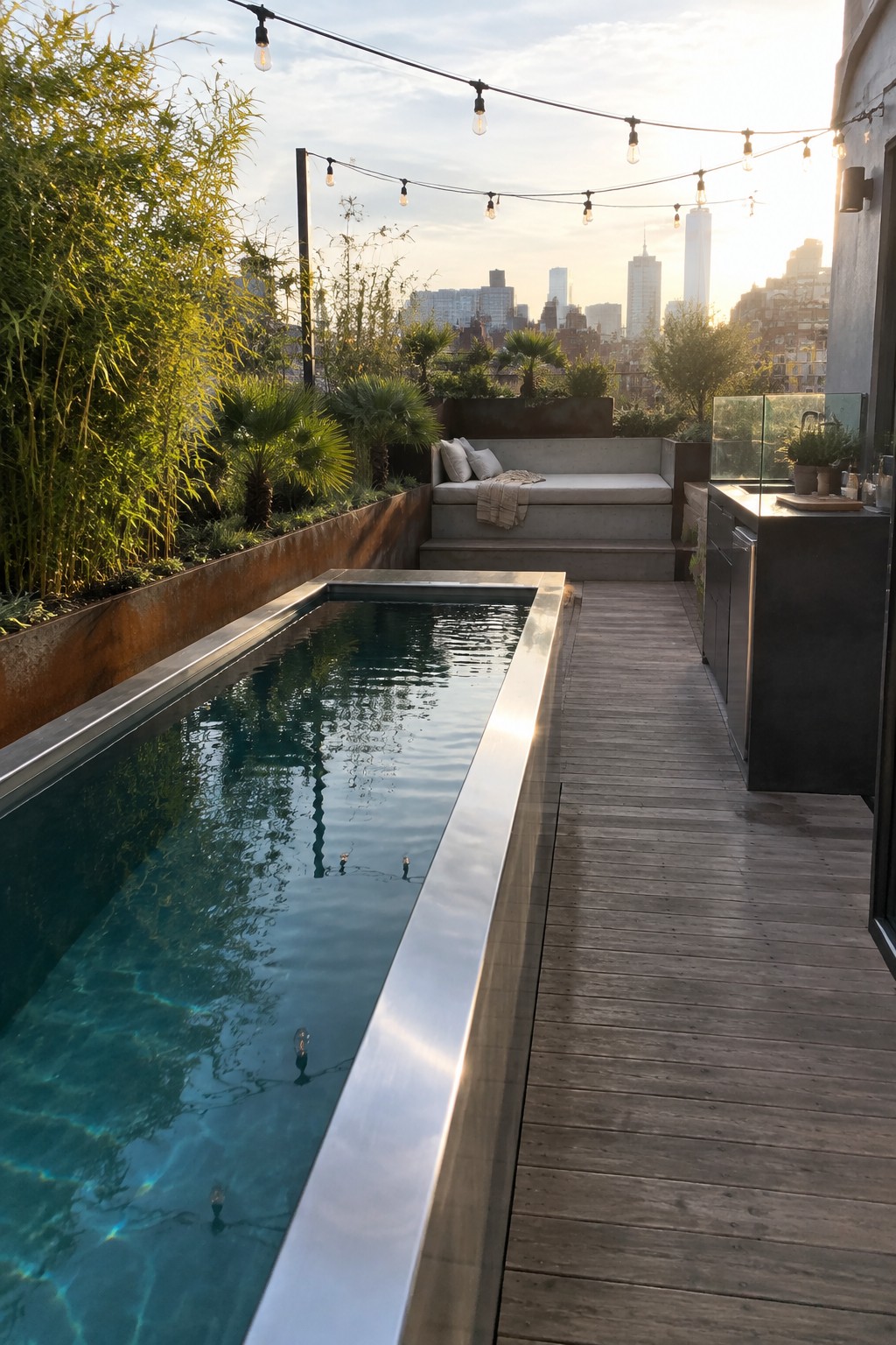 17 Bold Rectangular Plunge Pool Ideas for Narrow Outdoor Spaces A long rectangular plunge pool with stainless steel edging runs parallel to a wooden deck on a rooftop terrace, with plants and a built-in bench visible in the background.