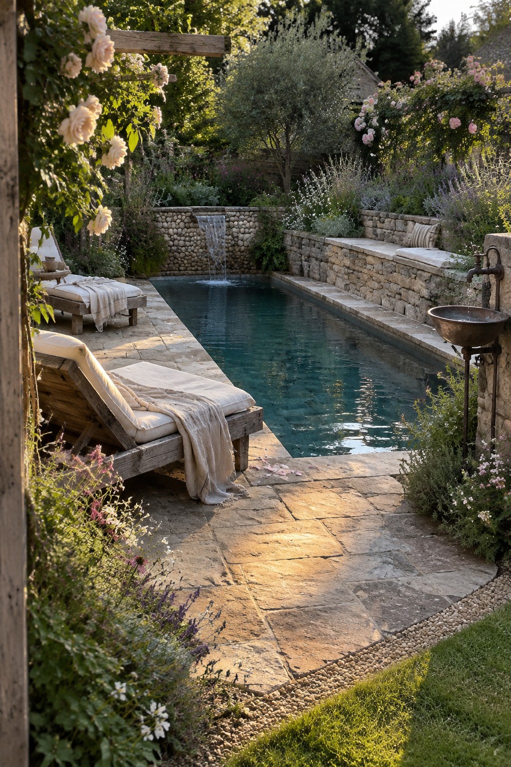 17 Bold Rectangular Plunge Pool Ideas for Narrow Outdoor Spaces A rectangular plunge pool with built-in stone seating along one long edge and wooden lounge chairs on the opposite stone patio.