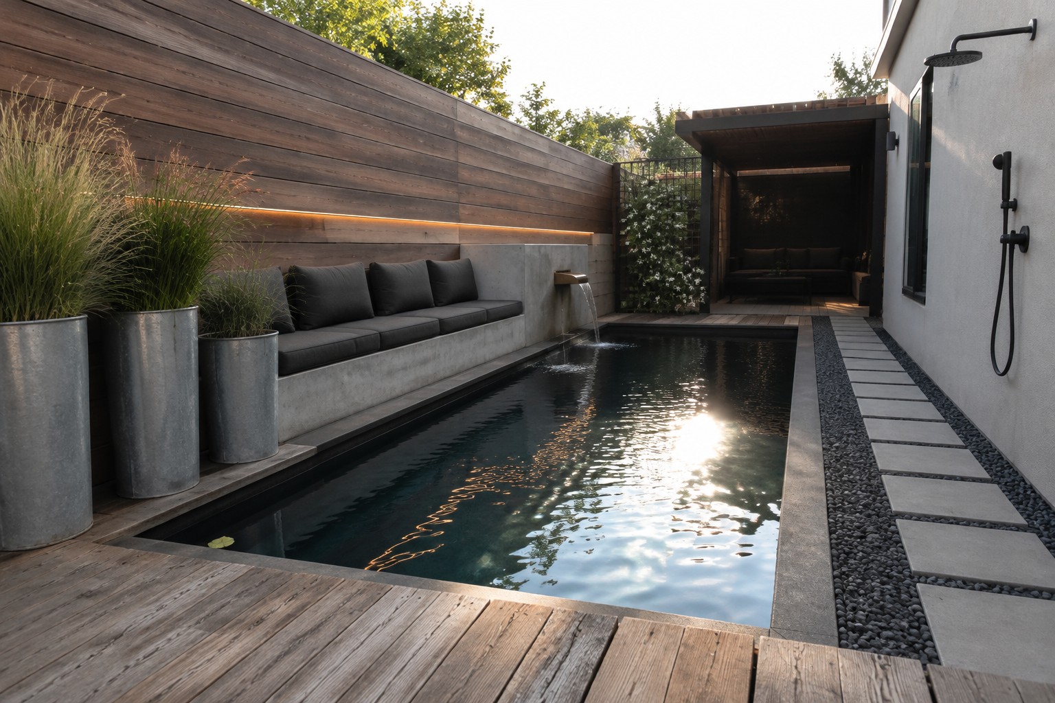 17 Bold Rectangular Plunge Pool Ideas for Narrow Outdoor Spaces A long rectangular plunge pool with dark water runs between a wooden deck with built-in seating on one side and a gravel path with stone pavers on the other, with large metal planters and a covered seating area in the background.