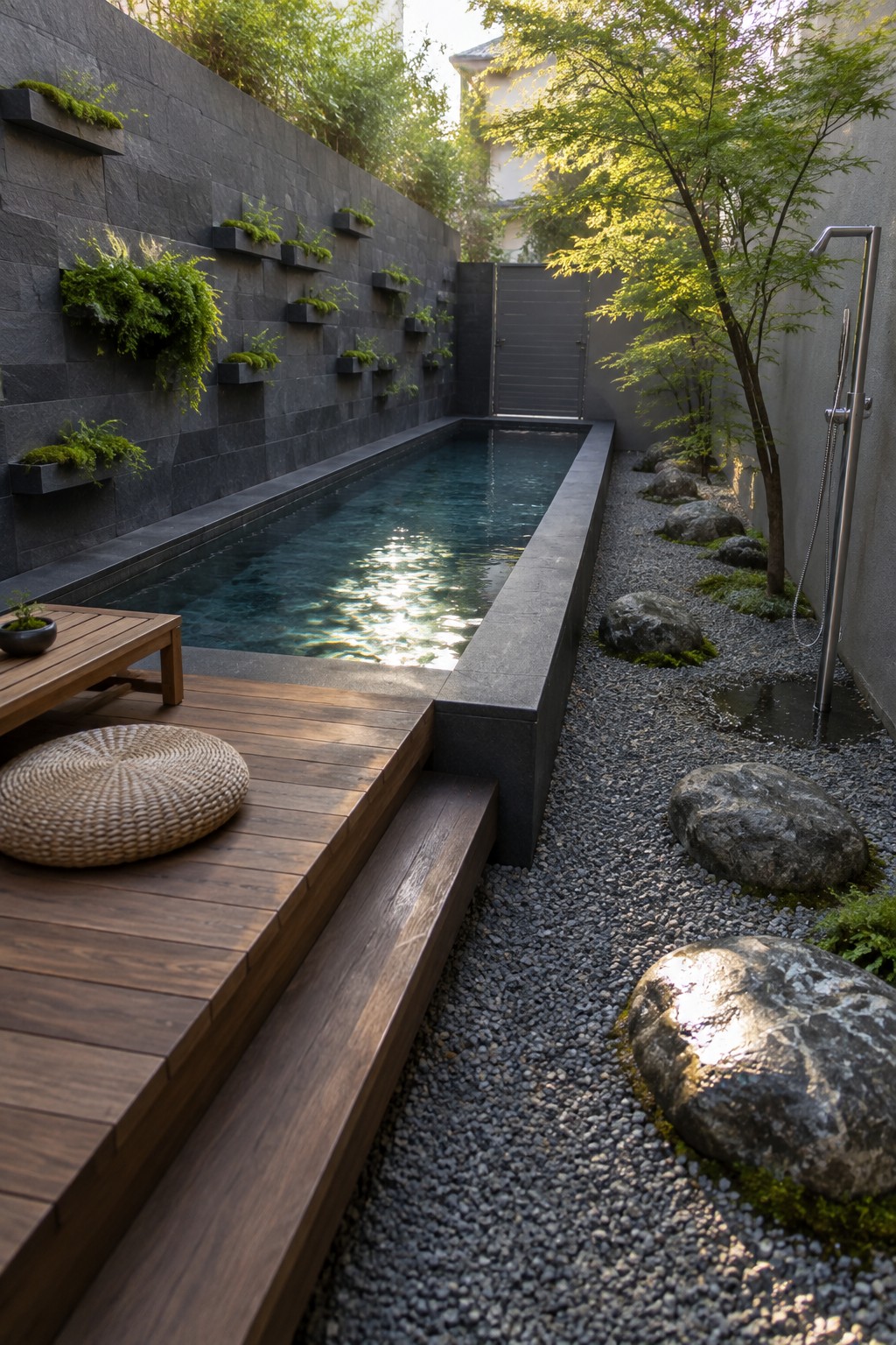 17 Bold Rectangular Plunge Pool Ideas for Narrow Outdoor Spaces A narrow rectangular plunge pool in a small outdoor space, with a wooden deck and round cushion on the left side and gravel with large rocks and an outdoor shower on the right.