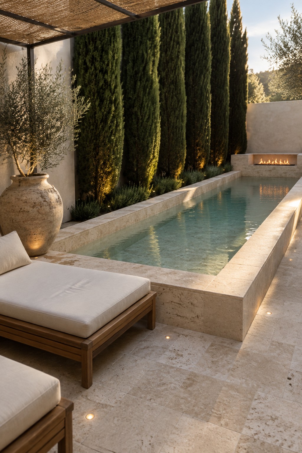 17 Bold Rectangular Plunge Pool Ideas for Narrow Outdoor Spaces A narrow rectangular plunge pool with tall cypress trees along one long edge, a light stone deck with wooden lounge chairs in the foreground, and a built-in fire pit at the far end.