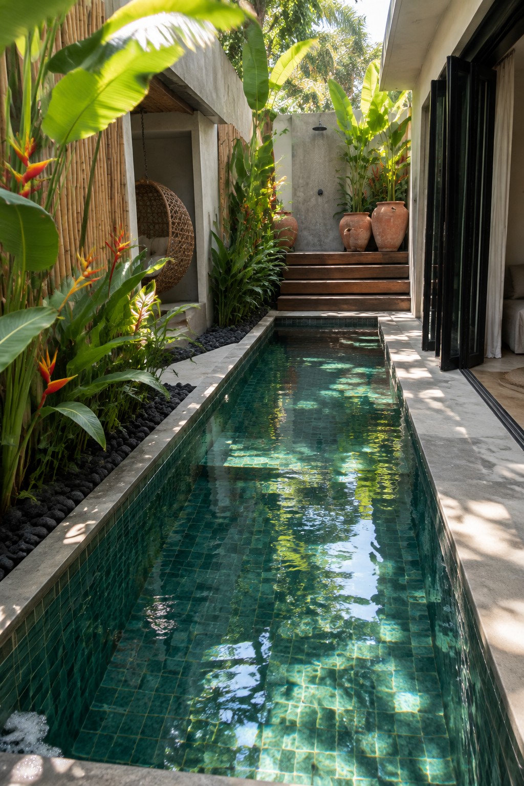 17 Bold Rectangular Plunge Pool Ideas for Narrow Outdoor Spaces A narrow rectangular plunge pool with green tile sits between lush tropical plants and bamboo screening beside a modern concrete building with wooden steps and an outdoor shower area.