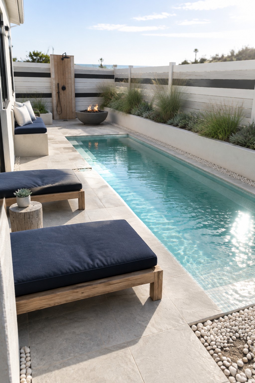 17 Bold Rectangular Plunge Pool Ideas for Narrow Outdoor Spaces A long rectangular plunge pool with light blue water runs alongside a white and black fence with built-in planters, with wooden lounge chairs on a stone patio and a fire pit visible in the background.
