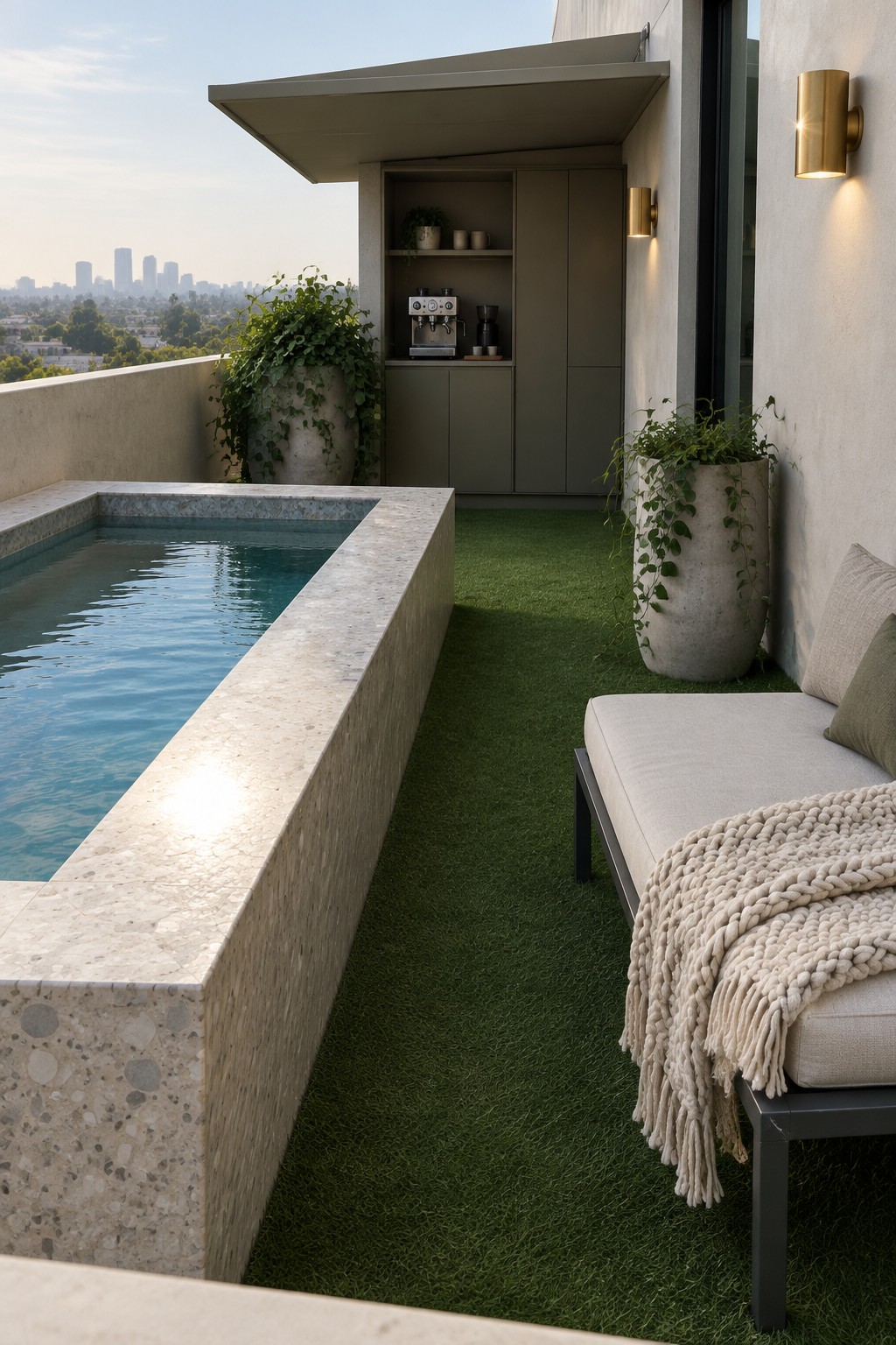 17 Bold Rectangular Plunge Pool Ideas for Narrow Outdoor Spaces A long rectangular plunge pool with speckled stone coping runs beside a strip of green artificial turf, with an outdoor daybed, potted plants, and a built-in coffee station on a rooftop terrace overlooking a city skyline.