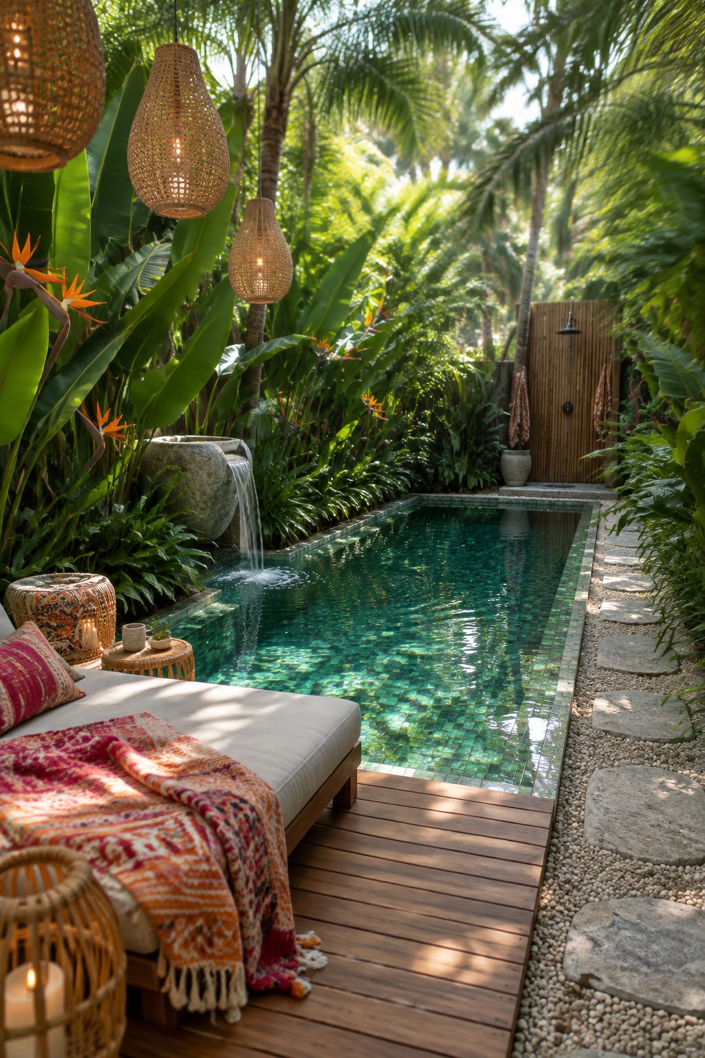 17 Bold Rectangular Plunge Pool Ideas for Narrow Outdoor Spaces A narrow rectangular plunge pool with green tile borders a wooden deck in a lush tropical garden with hanging lanterns and stone pathways.