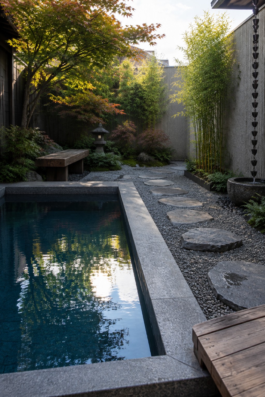 17 Bold Rectangular Plunge Pool Ideas for Narrow Outdoor Spaces Rectangular blue reflecting pool beside gravel path with stepping stones, bamboo, and maple trees