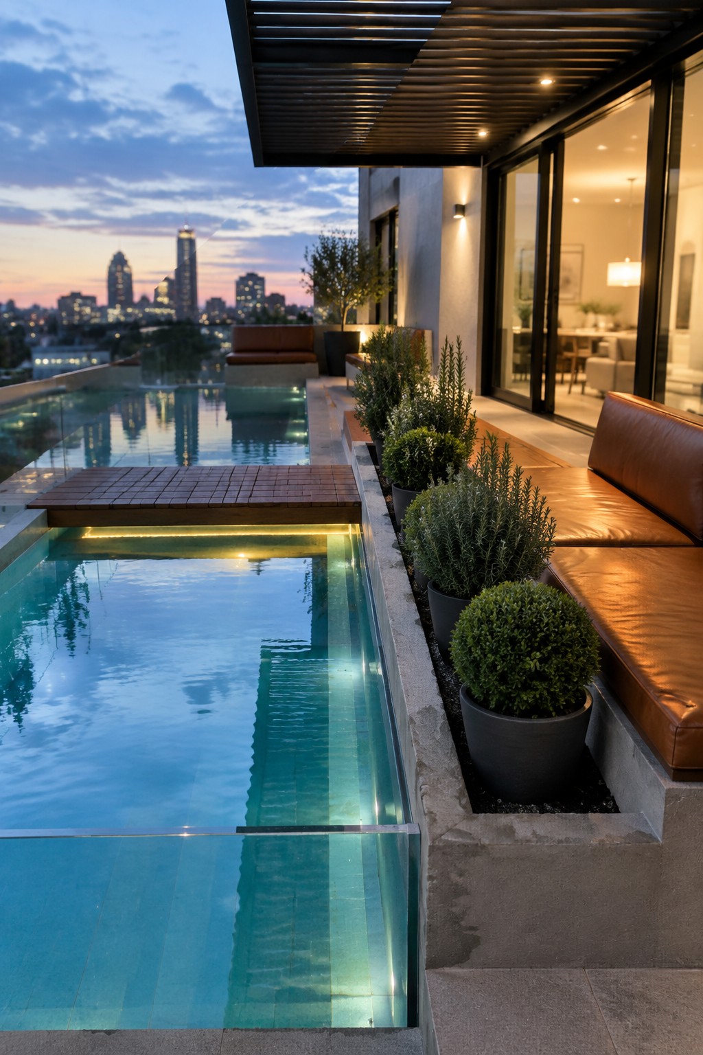 17 Bold Rectangular Plunge Pool Ideas for Narrow Outdoor Spaces Modern rooftop infinity pool at dusk with glass edge, leather seating, plants and city skyline