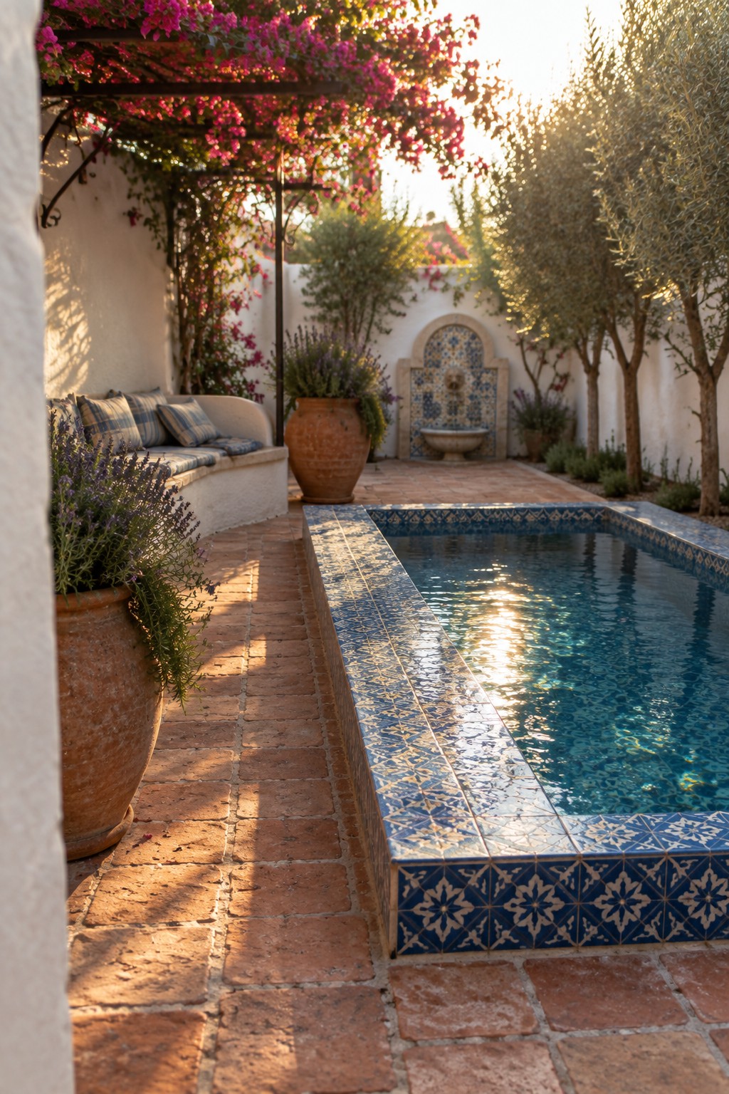17 Bold Rectangular Plunge Pool Ideas for Narrow Outdoor Spaces Sunlit Mediterranean courtyard with blue-tiled pool, terracotta pots, and bougainvillea pergola