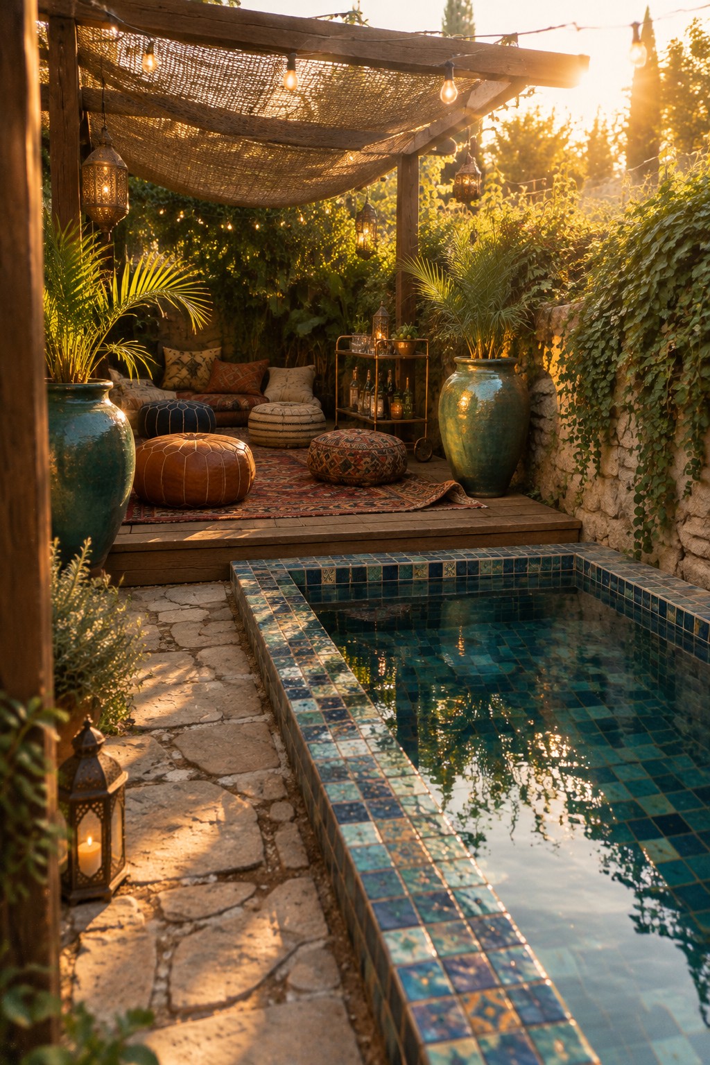 17 Bold Rectangular Plunge Pool Ideas for Narrow Outdoor Spaces A rectangular plunge pool with colorful mosaic tile edges runs alongside a raised wooden deck holding poufs, cushions, and lanterns, with string lights overhead and a stone path in front.