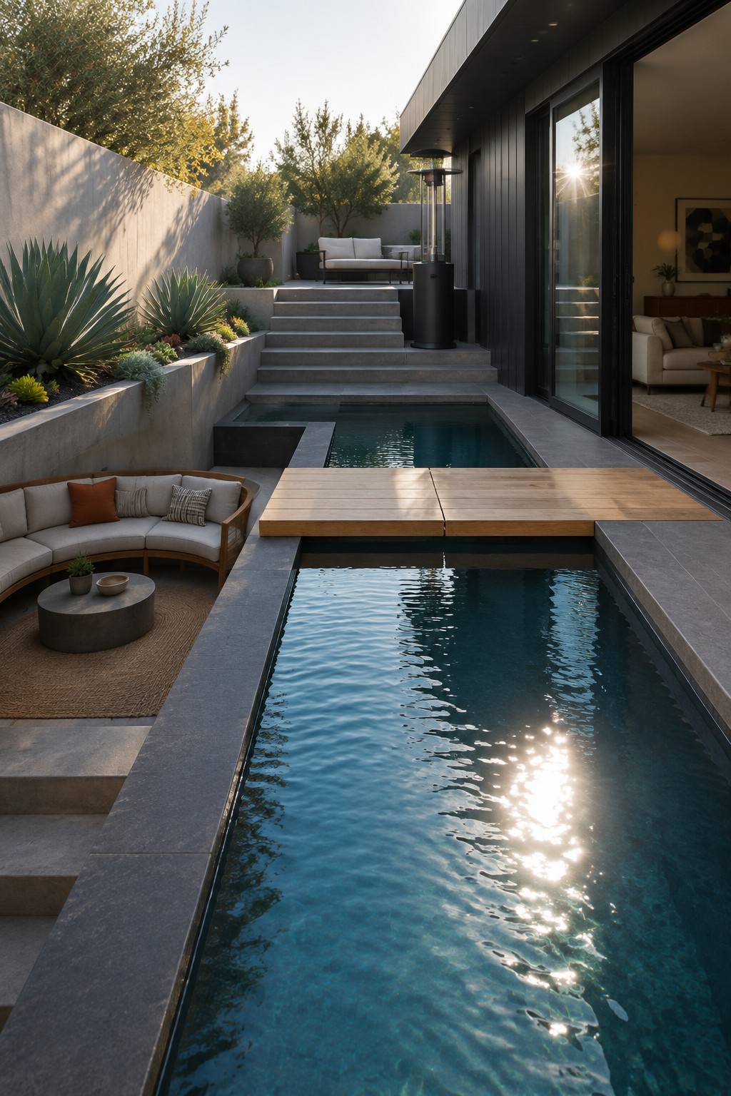 17 Bold Rectangular Plunge Pool Ideas for Narrow Outdoor Spaces A long rectangular plunge pool with a wooden deck platform spanning across the center, modern curved seating on one side, and steps leading to an upper patio area.