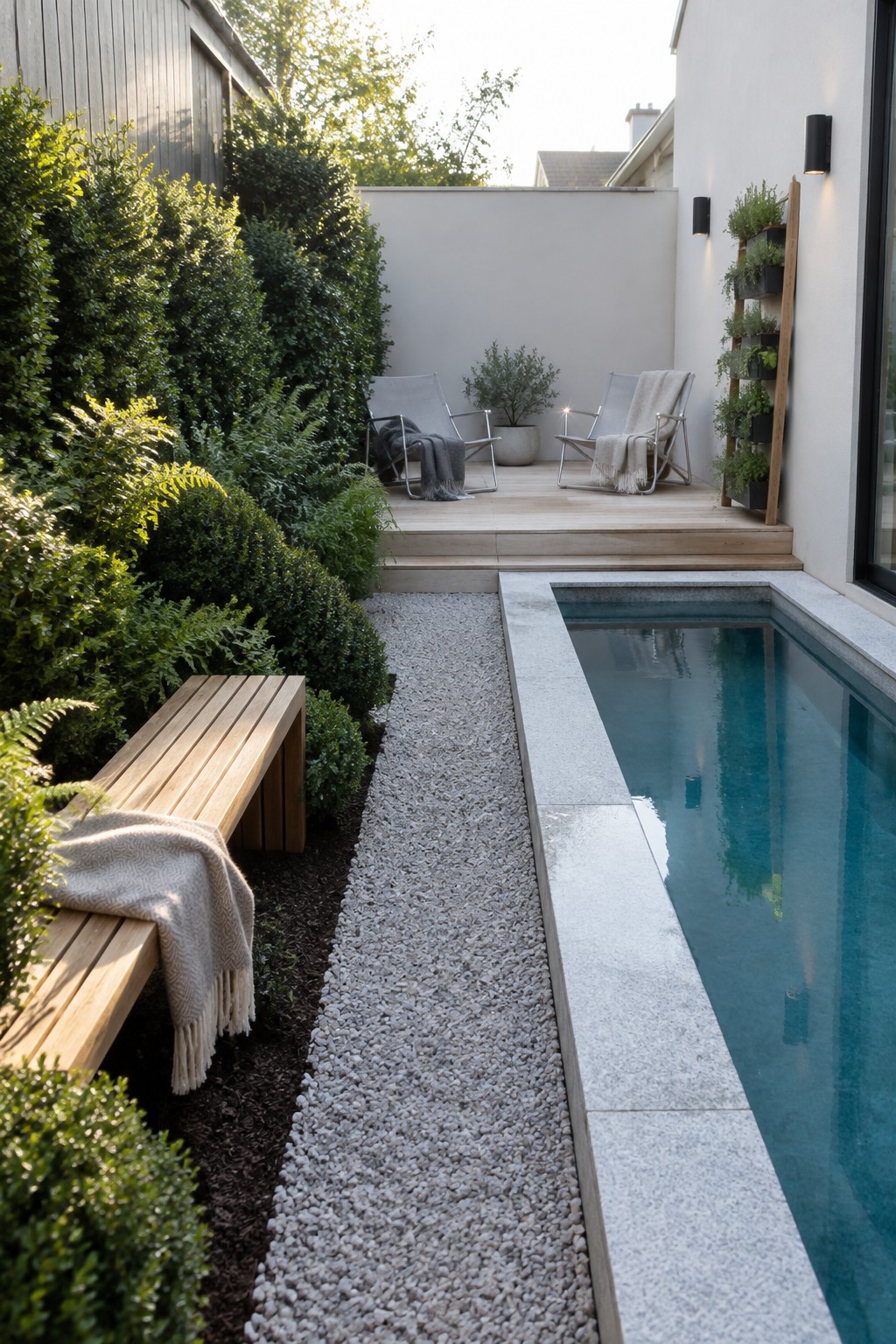 17 Bold Rectangular Plunge Pool Ideas for Narrow Outdoor Spaces A long rectangular plunge pool runs beside a house with a narrow wooden deck holding two lounge chairs, a gravel path alongside dense green shrubs, and vertical planters on the wall.