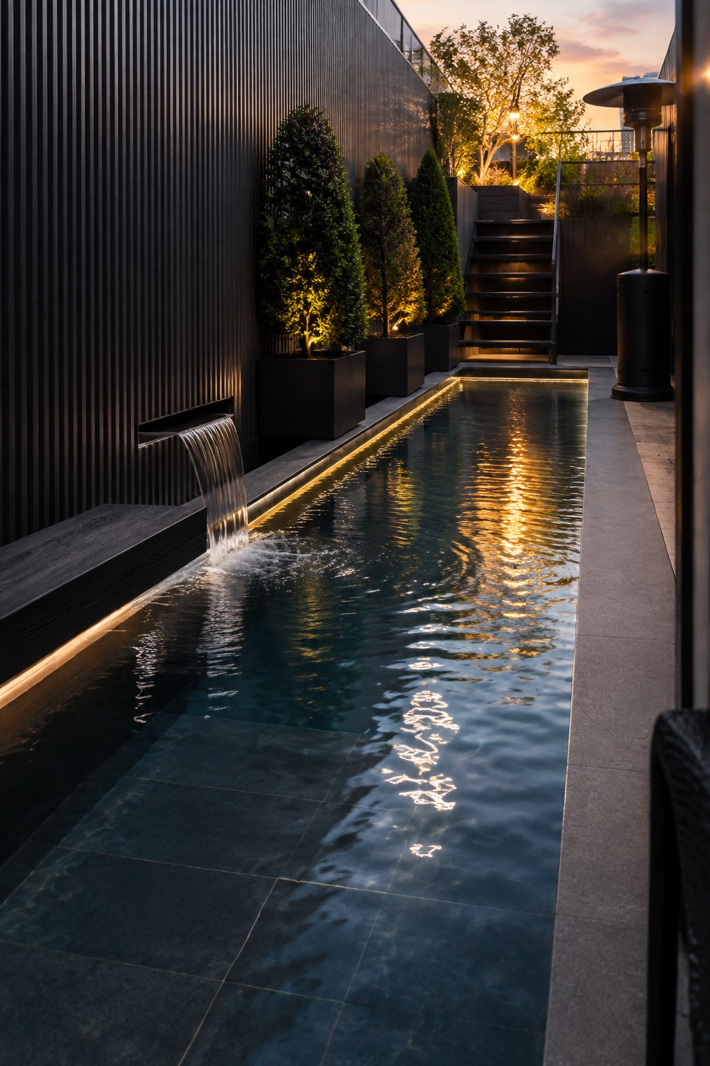17 Bold Rectangular Plunge Pool Ideas for Narrow Outdoor Spaces Narrow pool with cascading waterfall, glowing edges, potted trees, and stairs at dusk.