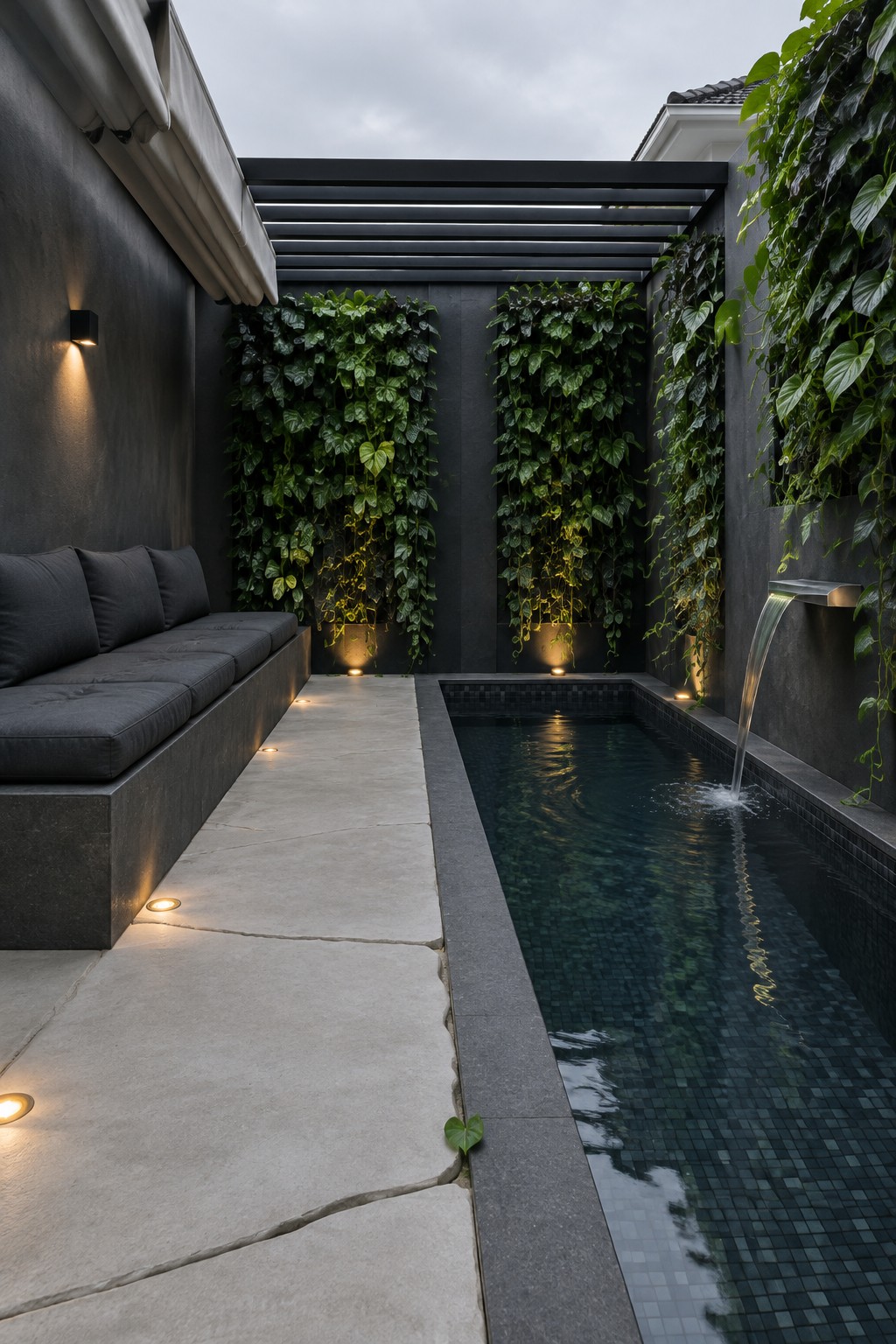 17 Bold Rectangular Plunge Pool Ideas for Narrow Outdoor Spaces A narrow rectangular plunge pool runs along a dark courtyard with vertical gardens covering the walls, built-in seating on the left, and a water spout on the right.