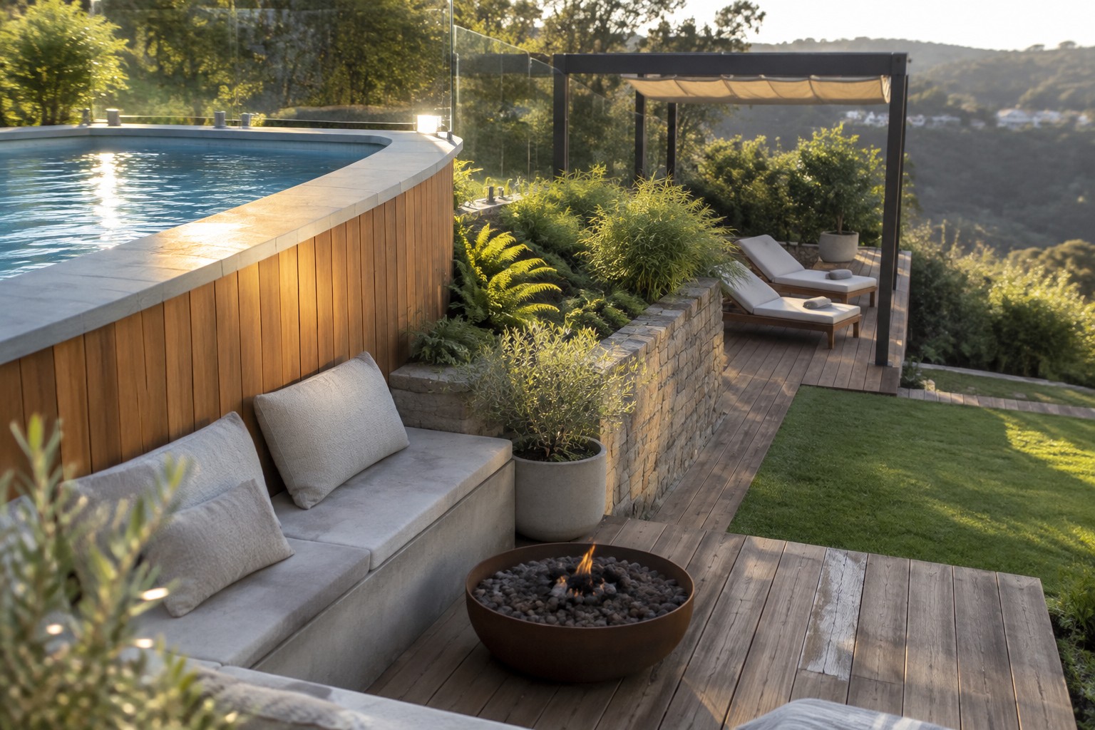 A semi-above ground pool with wooden siding and a long concrete bench sits beside a wooden deck with a fire pit and lounge chairs on a sloped, landscaped hillside.