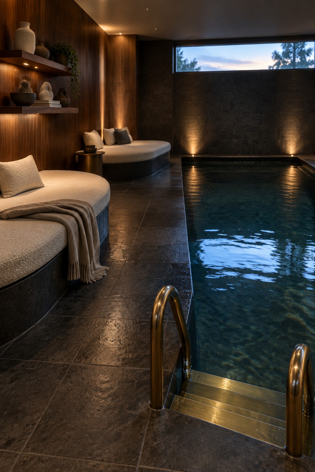 An indoor pool with dark stone flooring and walls, wood paneling, two built-in upholstered daybeds, and a metal ladder at the pool edge.