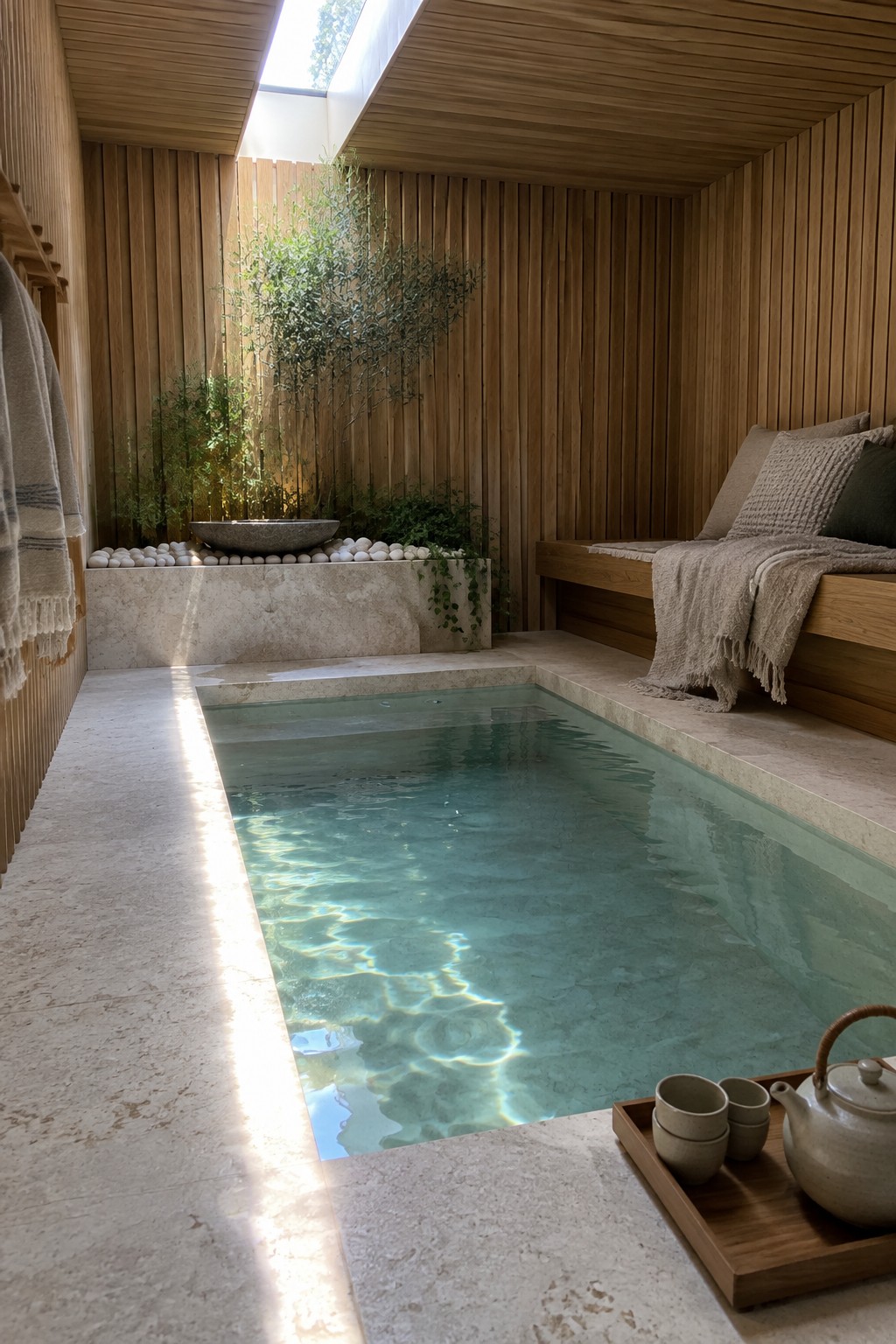 Serene indoor plunge pool with rippling turquoise water in sunlit wooden spa room.