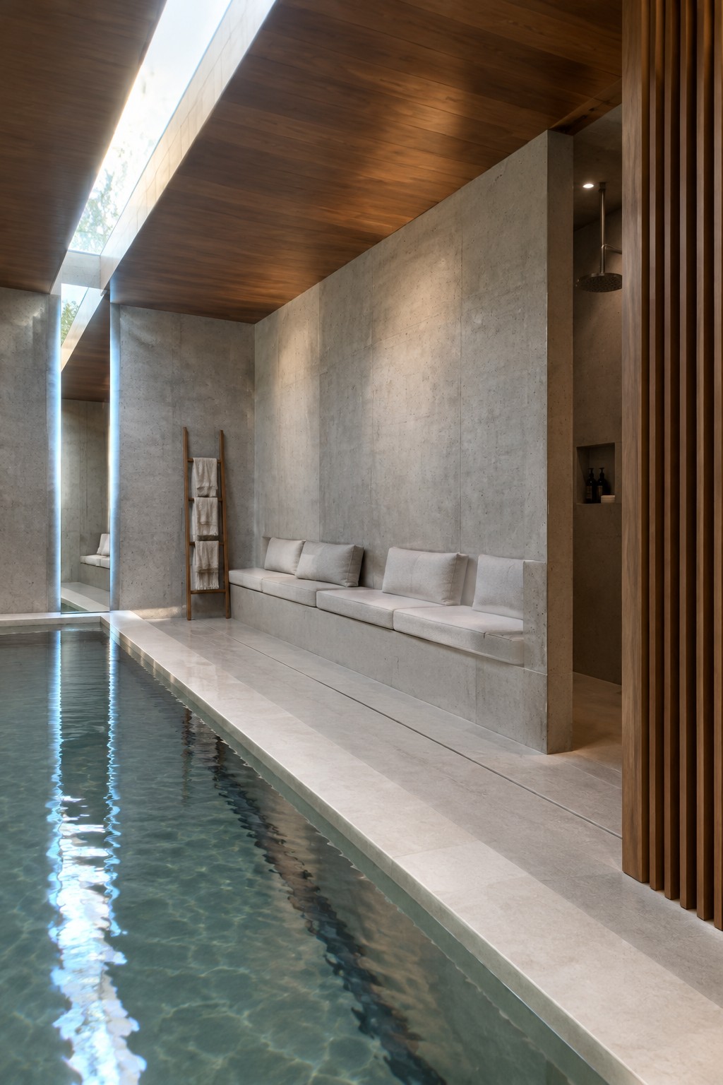 Minimalist indoor pool with concrete walls, white-cushioned bench, wooden ceiling and skylight.