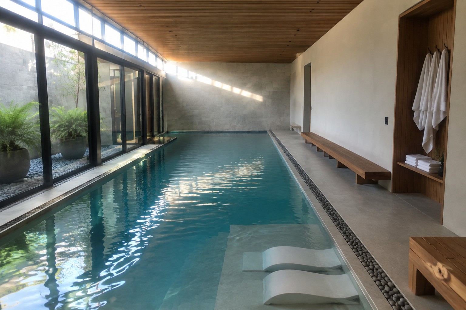 Modern indoor pool with sunlit turquoise water, stone tiles, wooden bench and towels